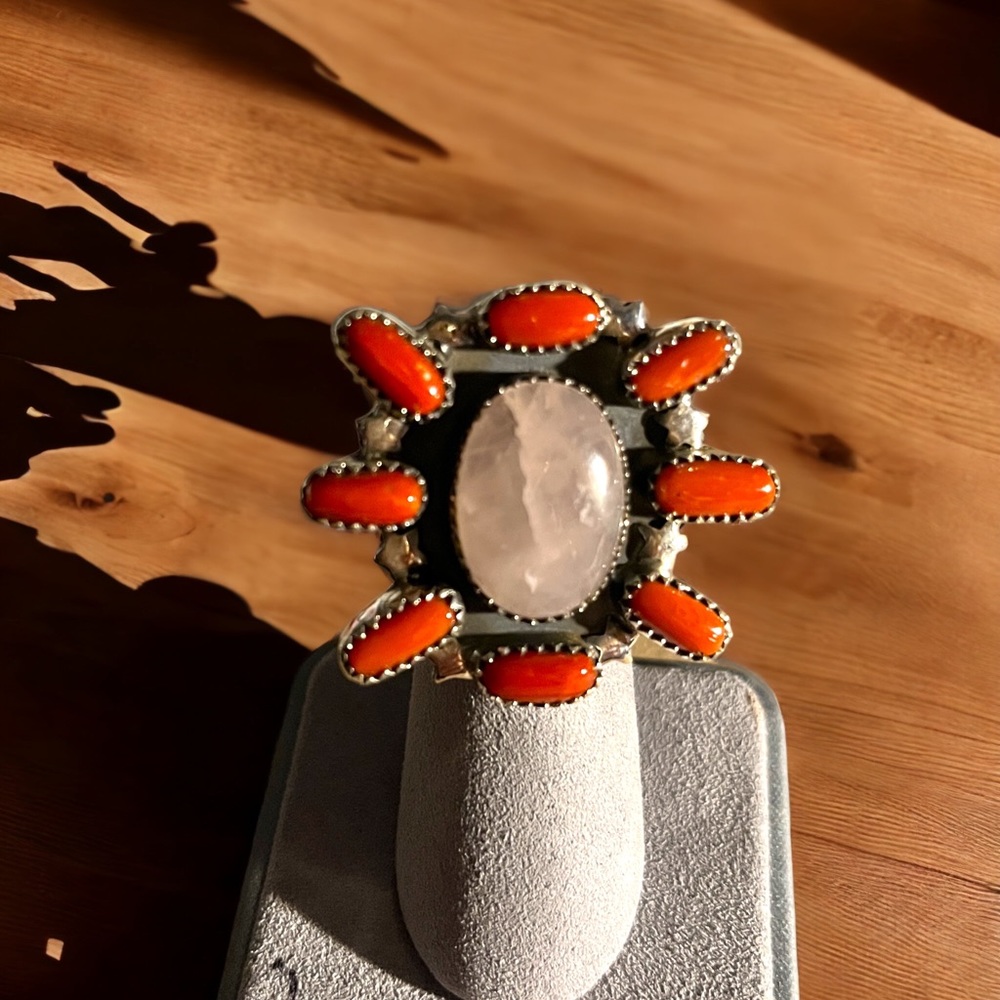 Native Solid Sterling Silver Coral & Rose Quartz Ring